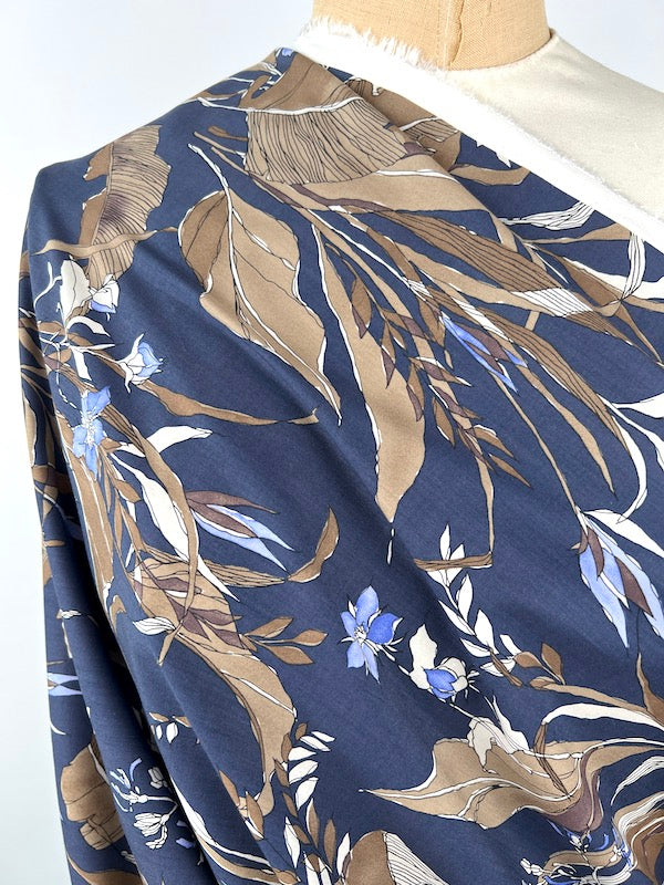 Hokkoh - Cotton Rayon Lawn - Watercolor Leaves - Brown on Navy