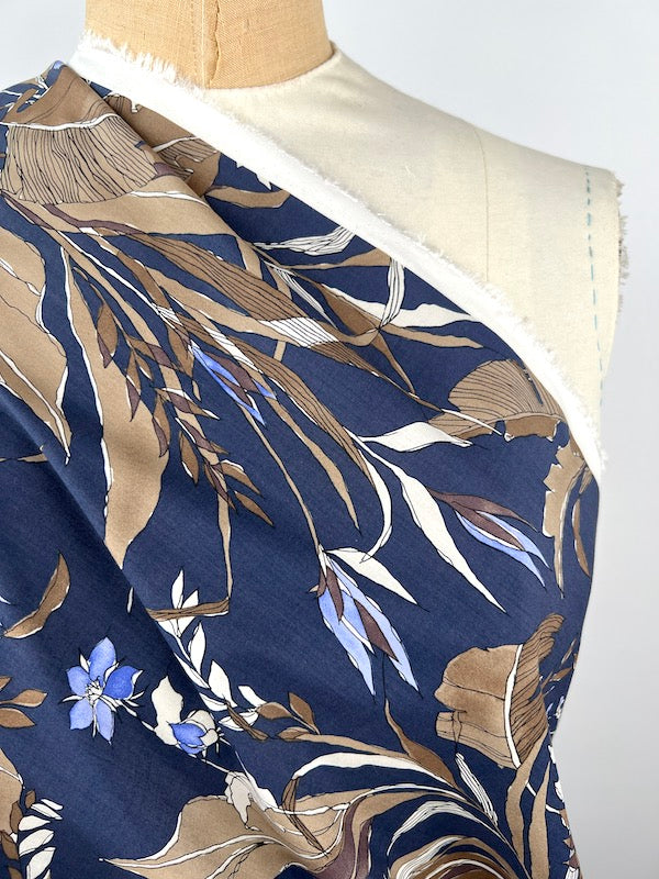 Hokkoh - Cotton Rayon Lawn - Watercolor Leaves - Brown on Navy