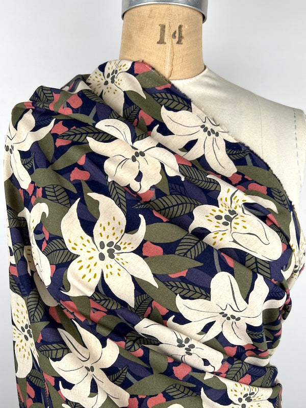 Cosmo - Cotton/Linen Sheeting - Mod Lilies - Navy and Olive
