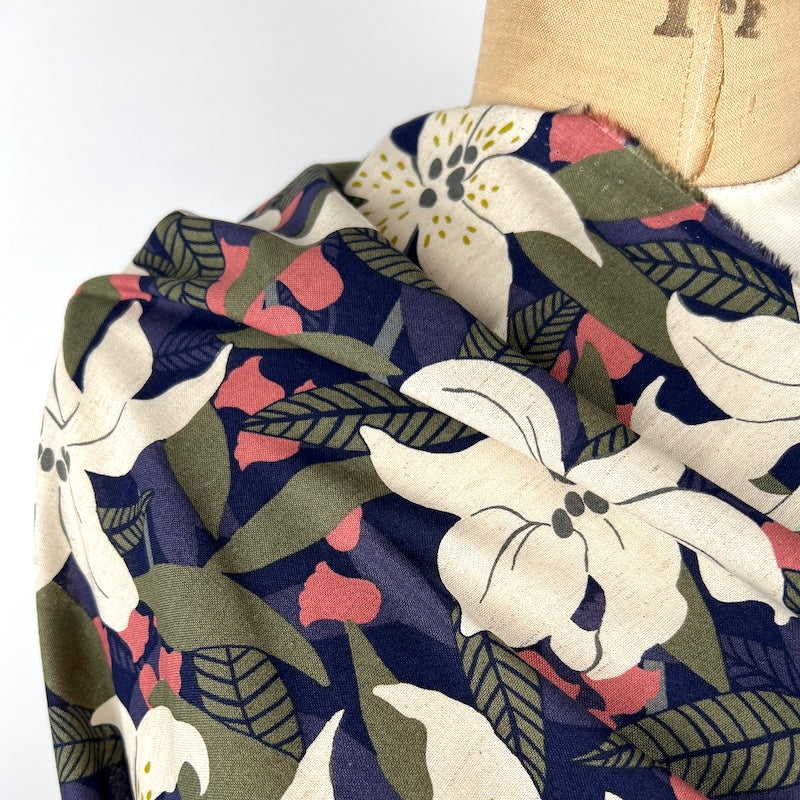 Cosmo - Cotton/Linen Sheeting - Mod Lilies - Navy and Olive
