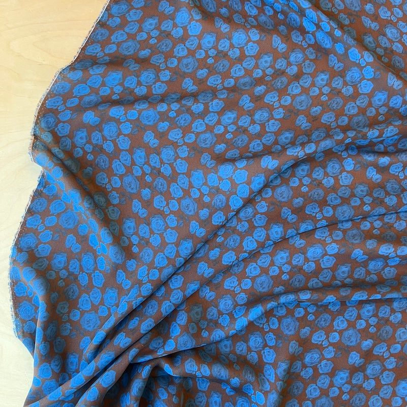 Deadstock - Silk Crepe - Blue Roses on Chocolate
