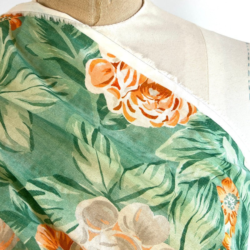 Italian Designer - Floral Flat Seersucker - Cotton - Green and Orange Floral