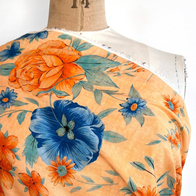 Italian Designer - Floral Flat Seersucker - Cotton - Orange and Blue Floral
