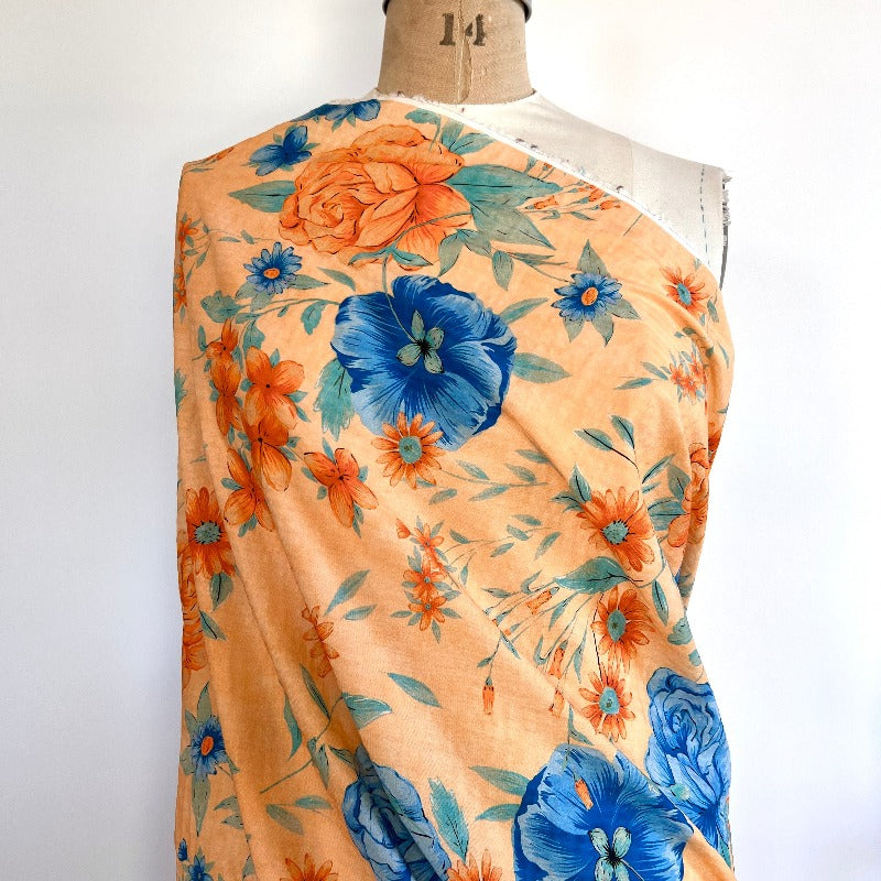 Italian Designer - Floral Flat Seersucker - Cotton - Orange and Blue Floral