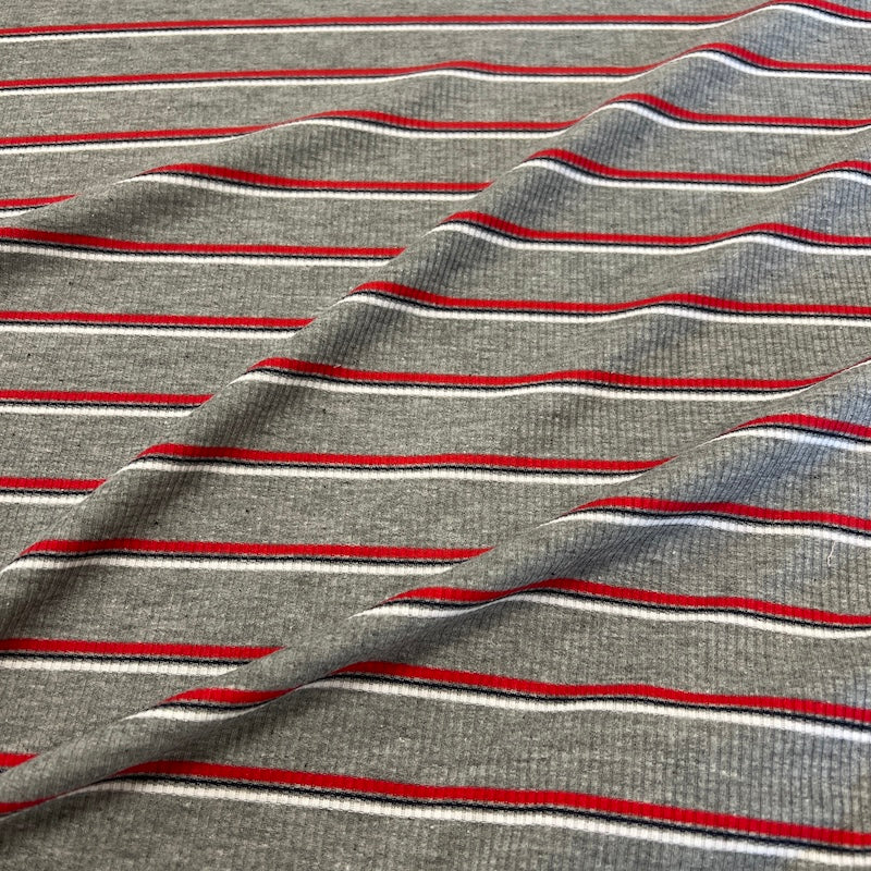 Deadstock - Rib Knit - Heather Gray & Red Stripe