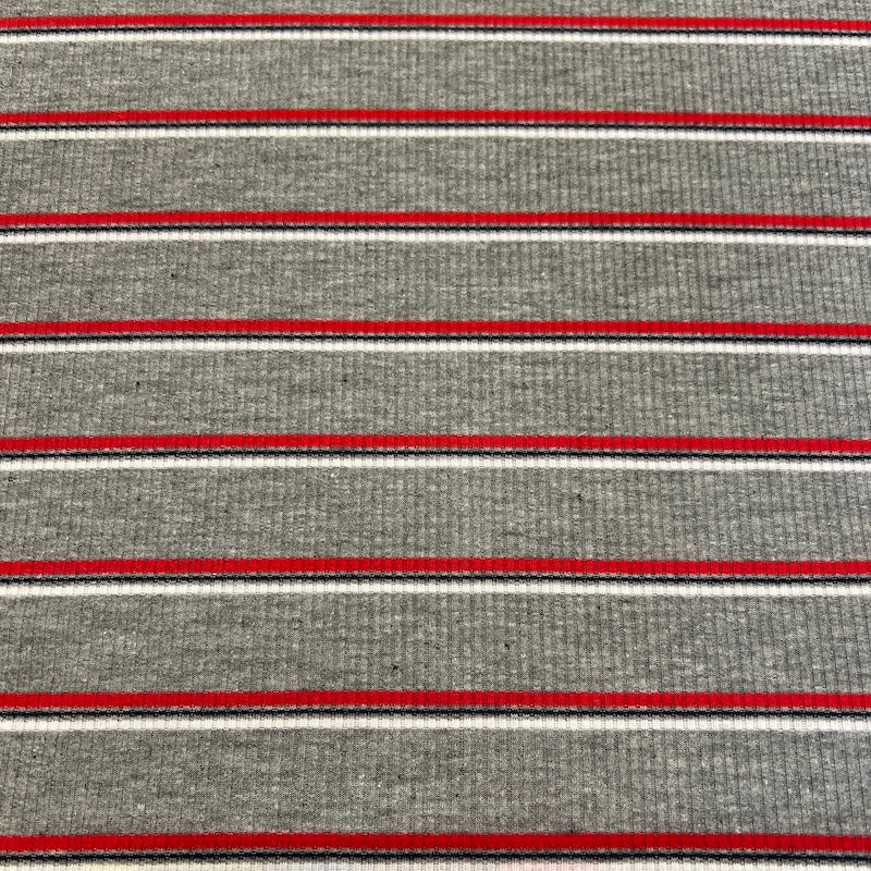 Deadstock - Rib Knit - Heather Gray & Red Stripe