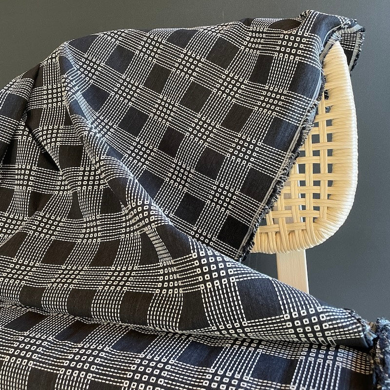 Olympus - Sashiko Stitched Cotton - Open Square Plaid - White on Black