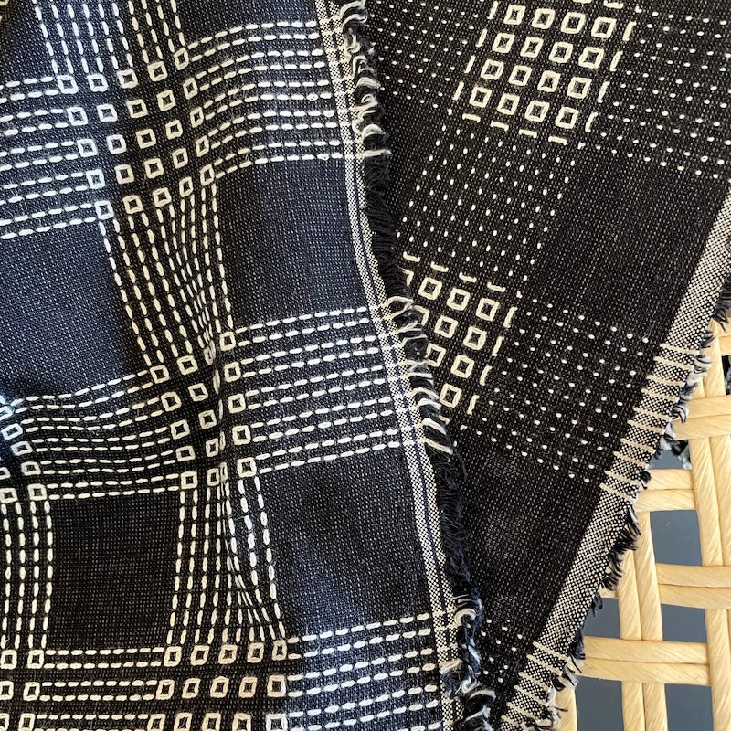Olympus - Sashiko Stitched Cotton - Open Square Plaid - White on Black