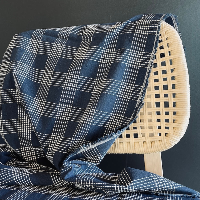 Olympus - Sashiko Stitched Cotton - Simple Plaid - White on Navy