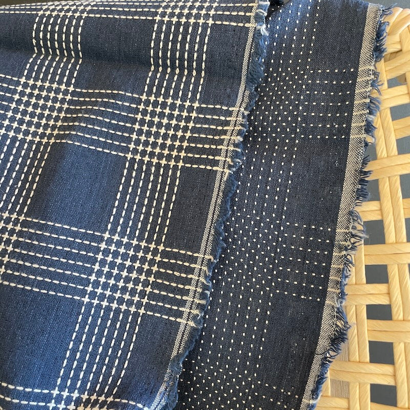 Olympus - Sashiko Stitched Cotton - Simple Plaid - White on Navy
