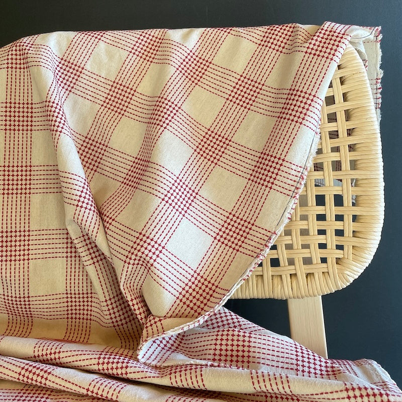 Olympus - Sashiko Stitched Cotton - Simple Plaid - Red on Natural