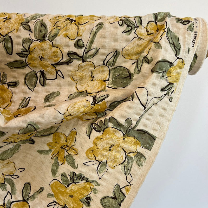 Hokkoh - Cotton Linen Seersucker - Floral - Mustard on Natural