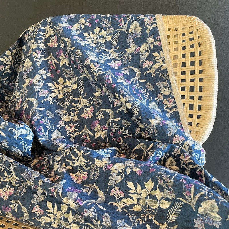 Hokkoh - Cotton Linen Seersucker - Floral - Wildflowers - Purple on Indigo