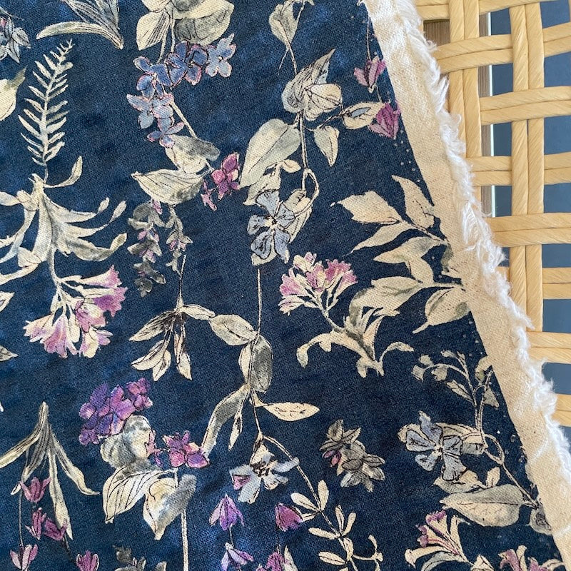 Hokkoh - Cotton Linen Seersucker - Floral - Wildflowers - Purple on Indigo