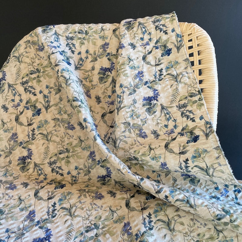 Hokkoh - Cotton Linen Seersucker - Floral - Wildflowers - Blue on Natural