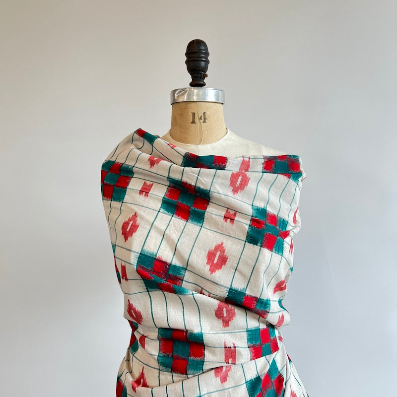 Ikkat - Hand Loomed Cotton - Double Ikkat with White With Green and Red Checks