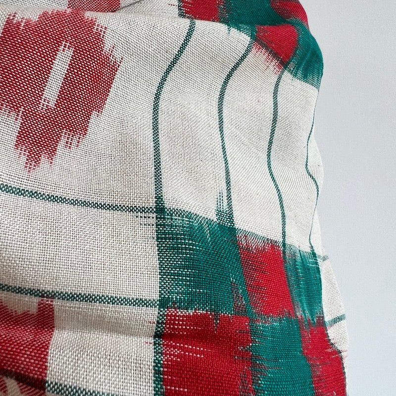 Ikkat - Hand Loomed Cotton - Double Ikkat with White With Green and Red Checks