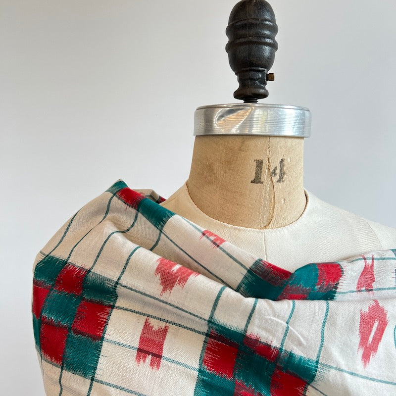 Ikkat - Hand Loomed Cotton - Double Ikkat with White With Green and Red Checks