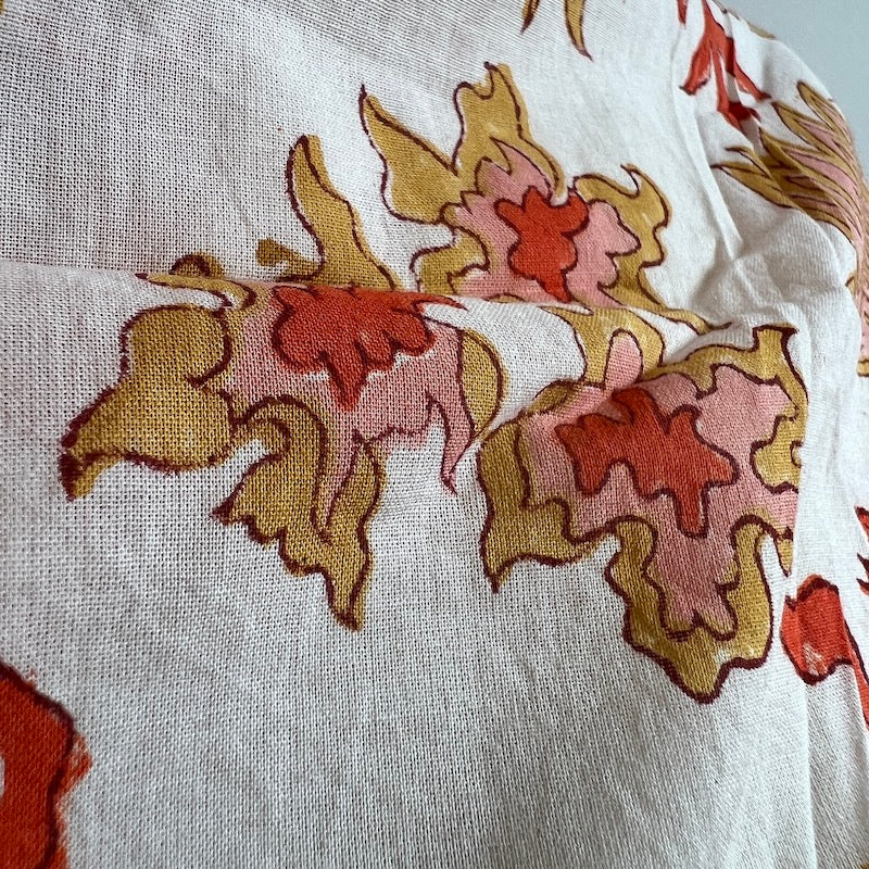 Jaipuri - Hand Block Print Cotton - White With Peach And Mustard Flower Motif