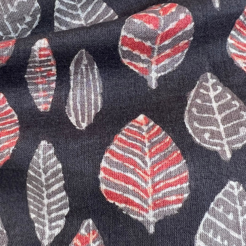 Vanaspati - Hand Block Print Cotton - Black With Red Leaves Motif