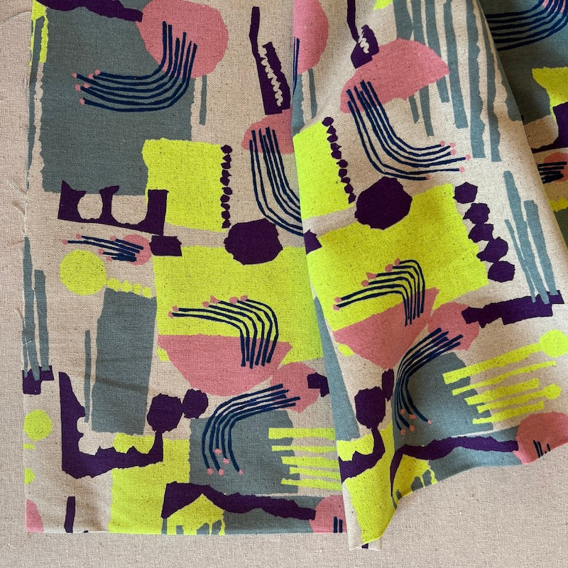 Hokkoh - Cotton/Linen Lightweight Canvas - Doodles - Neon Yellow, Purple and Slate on Natural