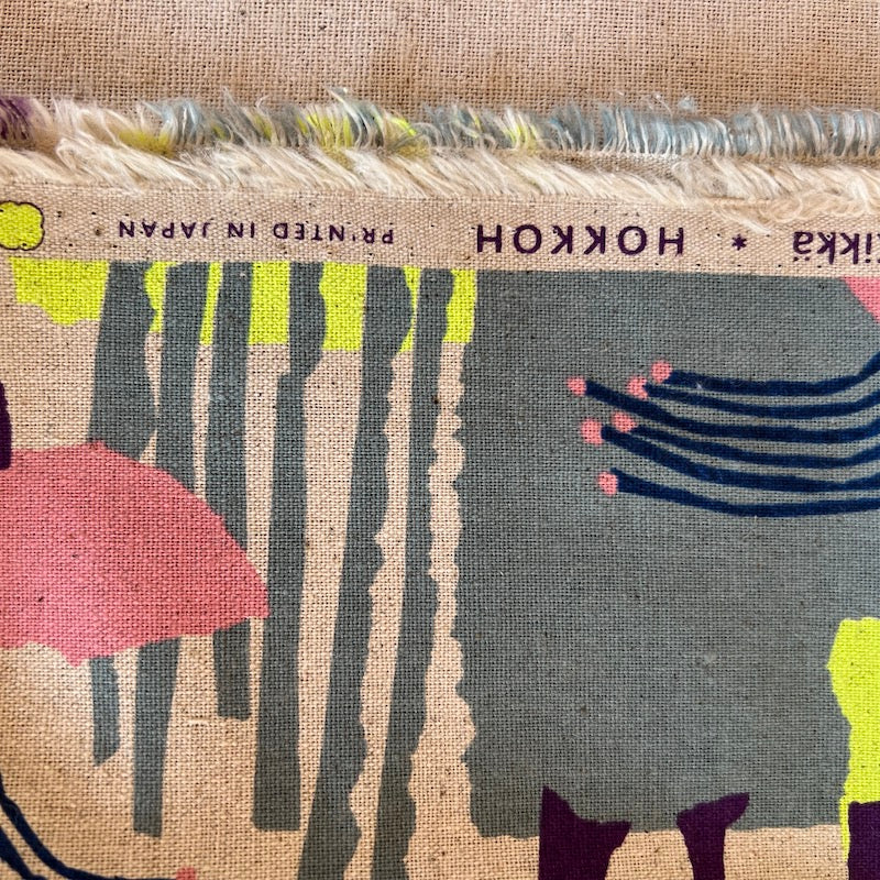 Hokkoh - Cotton/Linen Lightweight Canvas - Doodles - Neon Yellow, Purple and Slate on Natural