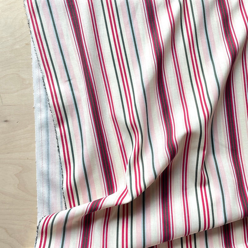 Deadstock - Linen Cotton Woven - Printed Stripe - Red and Green on Ivory
