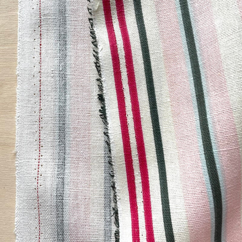 Deadstock - Linen Cotton Woven - Printed Stripe - Red and Green on Ivory