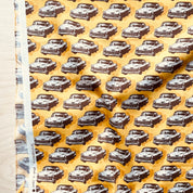 SALE-Sevenberry - Cotton Sheeting - Vintage Cars - Espresso on Yellow Mustard