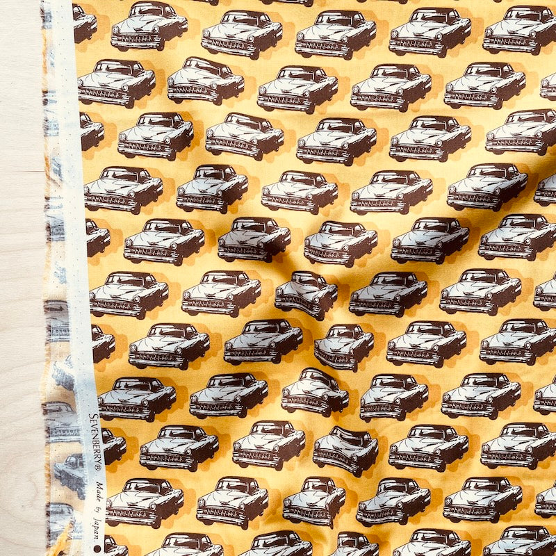SALE-Sevenberry - Cotton Sheeting - Vintage Cars - Espresso on Yellow Mustard