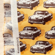 SALE-Sevenberry - Cotton Sheeting - Vintage Cars - Espresso on Yellow Mustard