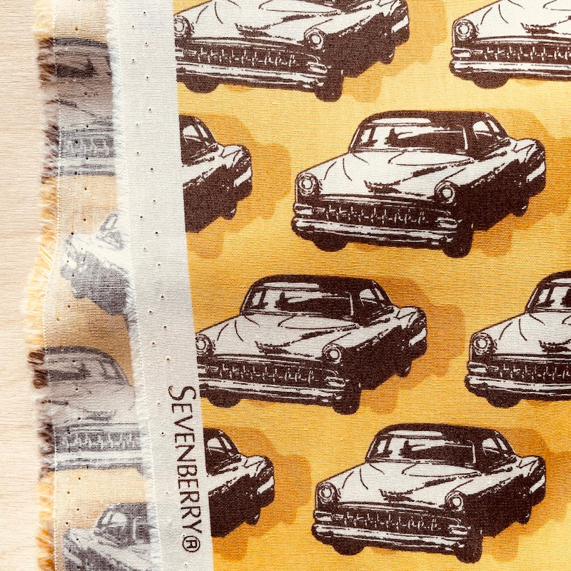 SALE-Sevenberry - Cotton Sheeting - Vintage Cars - Espresso on Yellow Mustard