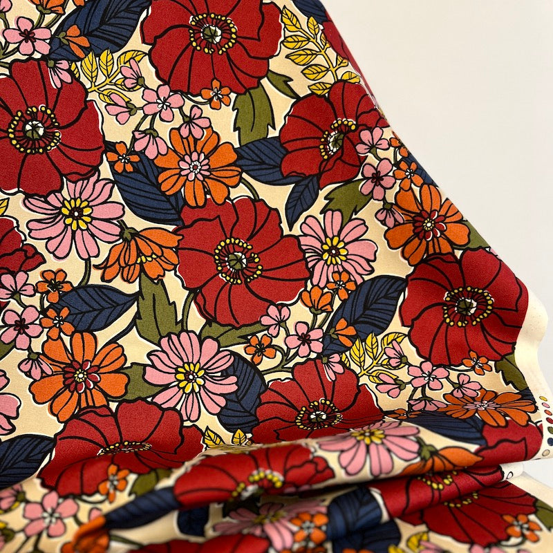 Kokka - Cotton Oxford - Retro Floral - Red on Natural