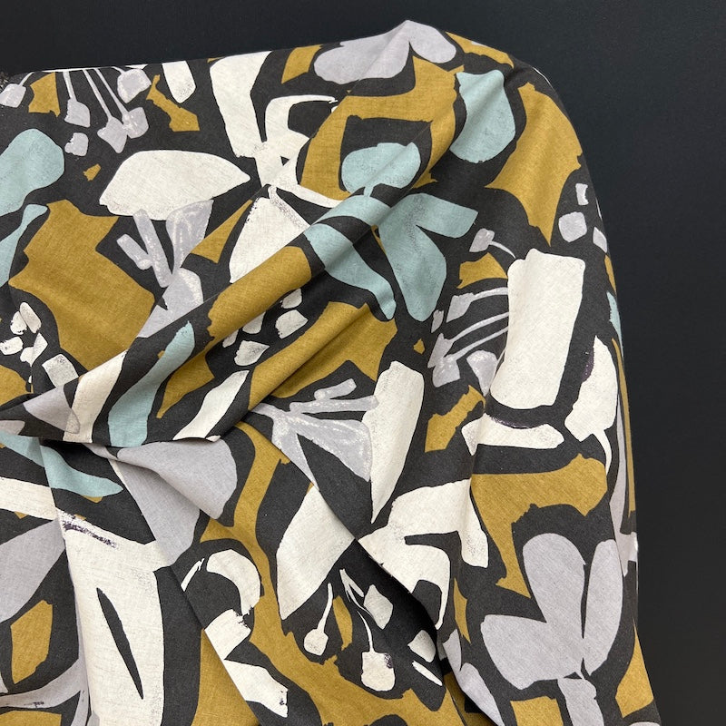 Hokkoh - Cotton Linen Sheeting - Blocky Abstract Floral - Espresso on Mustard