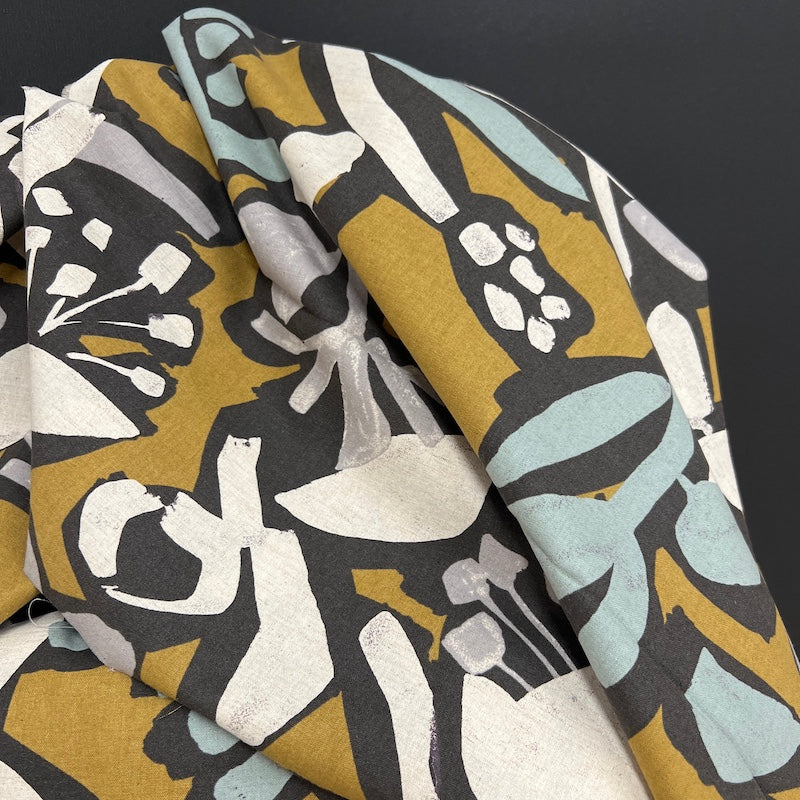 Hokkoh - Cotton Linen Sheeting - Blocky Abstract Floral - Espresso on Mustard