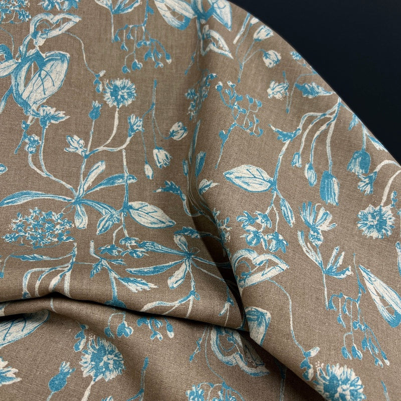 Hokkoh - Cotton Linen Sheeting - Wildflowers on Aqua on Taupe