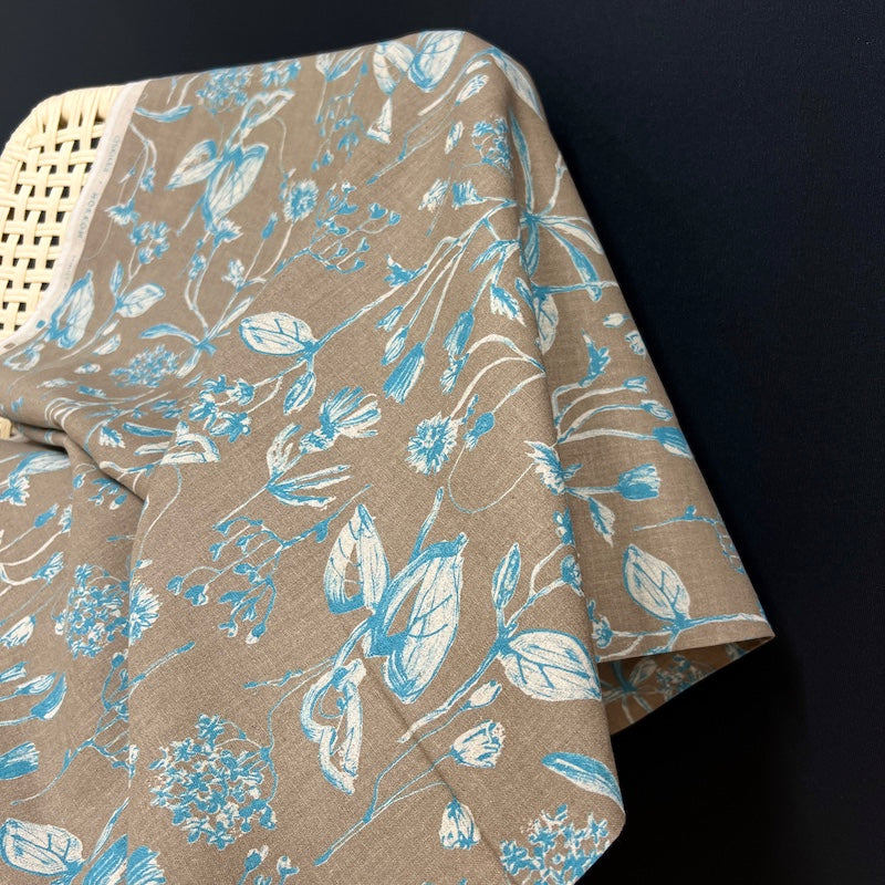 Hokkoh - Cotton Linen Sheeting - Wildflowers on Aqua on Taupe