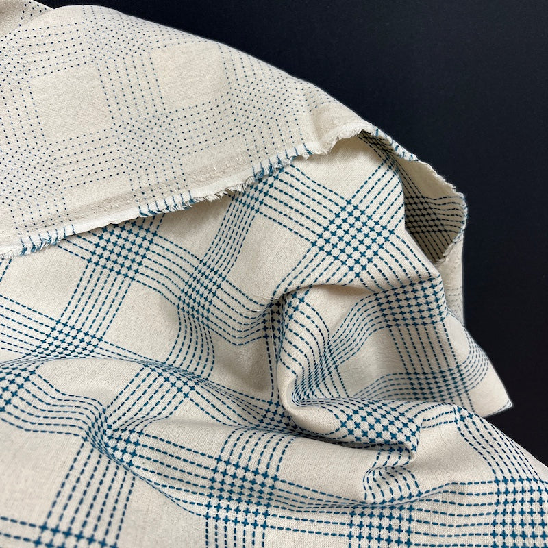 Olympus - Sashiko Stitched Cotton - Simple Plaid - Teal on Natural