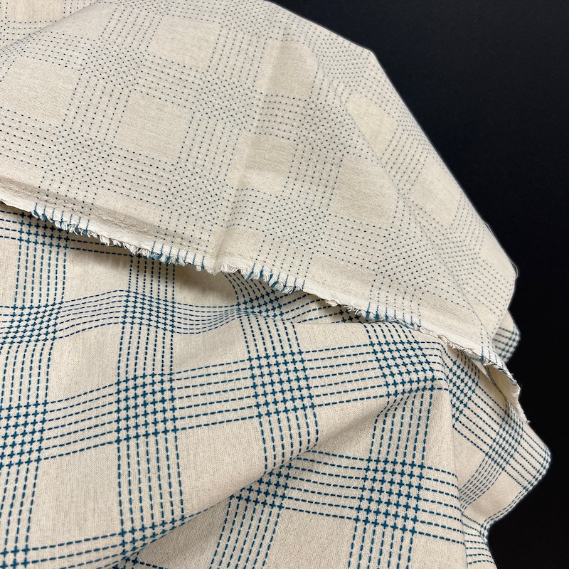 Olympus - Sashiko Stitched Cotton - Simple Plaid - Teal on Natural