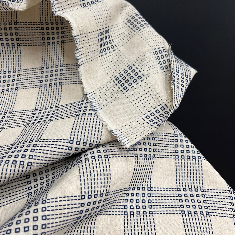 Olympus - Sashiko Stitched Cotton - Open Square Plaid - Navy on Natural