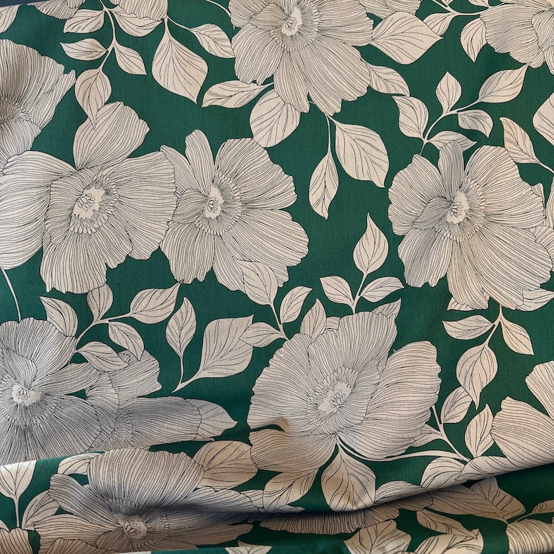 Hokkoh - Cotton Lawn - Large Poppies - Taupe on Deep Green