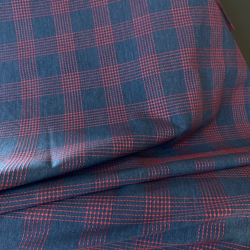 Olympus - Sashiko Stitched Cotton - Simple Plaid - Red on Navy