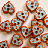 Textile Garden - Heart Button - 12mm - Orange with Blue