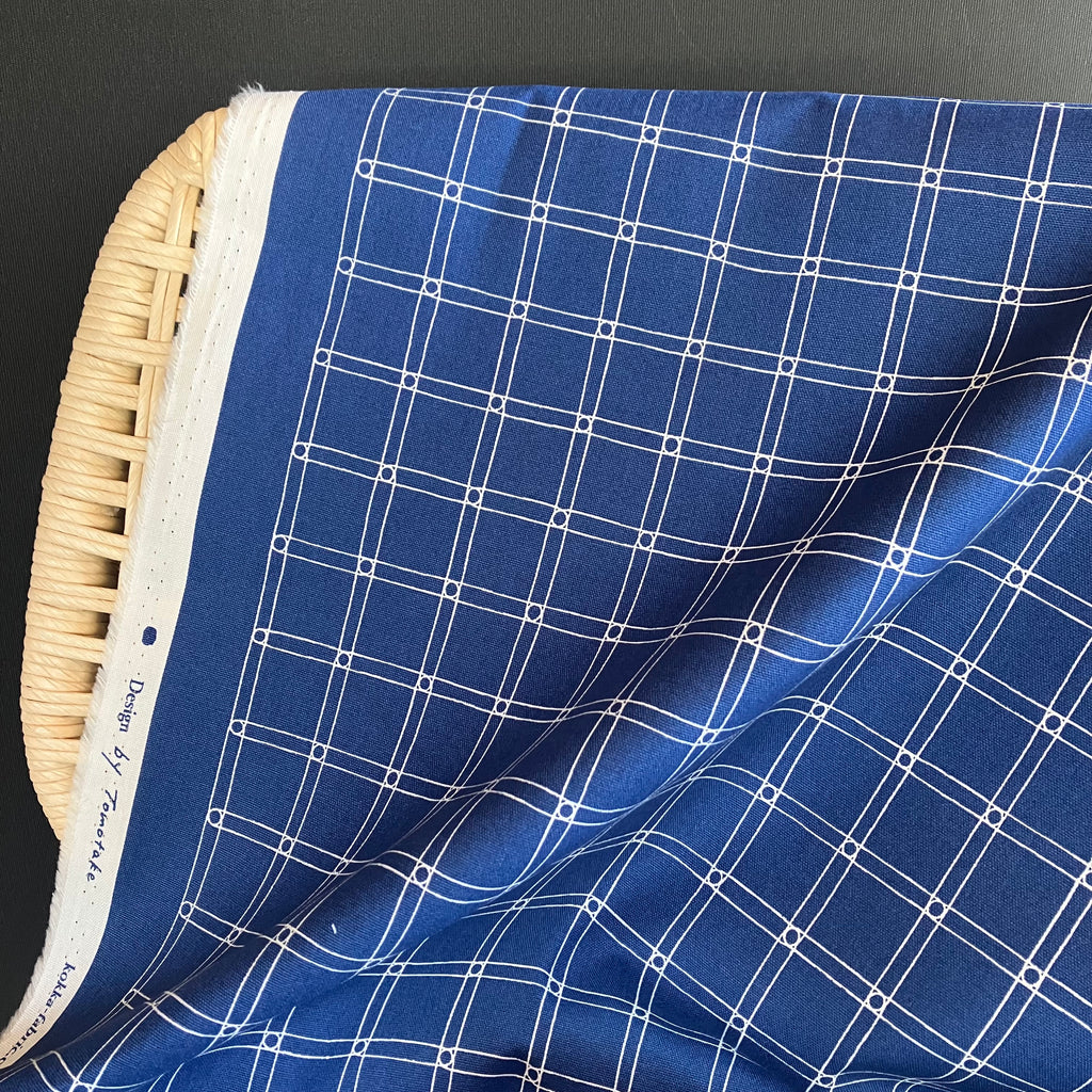 Kokka - Cotton Oxford - Muddyworks - Rubber Band Check - White on Blue