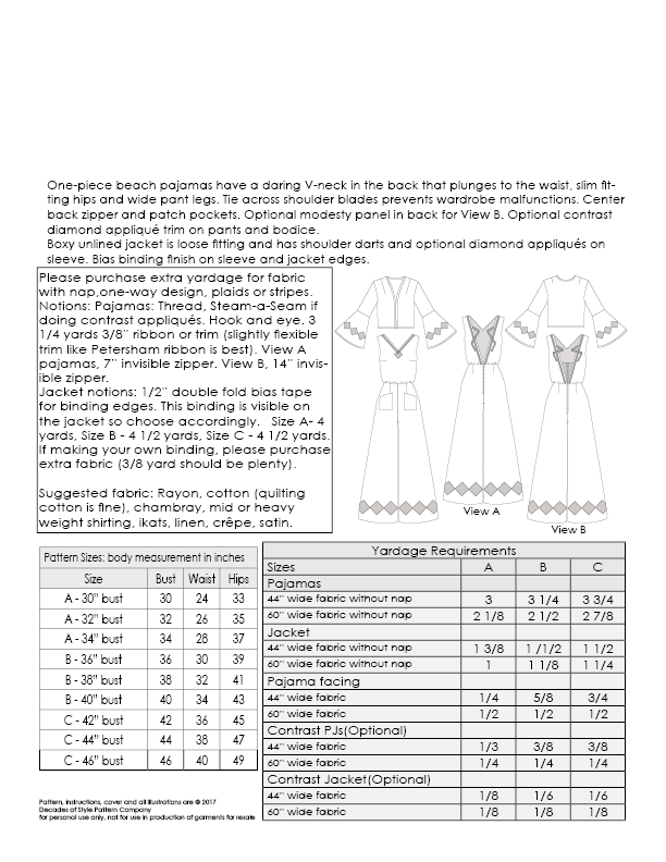 Decades of Style - #3015 1930s Last Resort Beach PJs - PDF and Printed Pattern