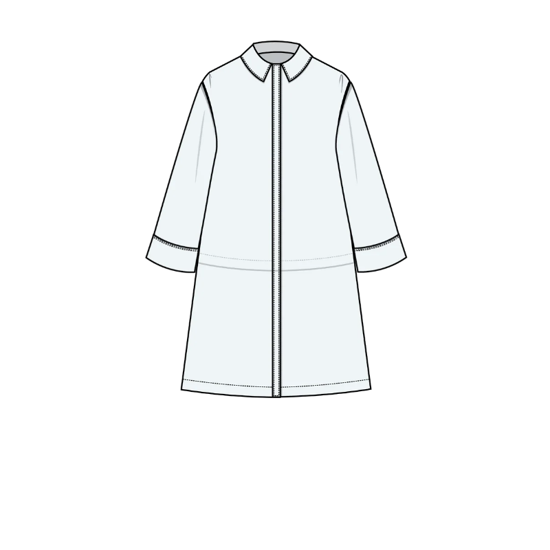 Line drawing of a long coat with a zipper on a white background