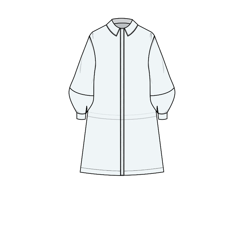 Line drawing of a long coat with a zipper on a white background