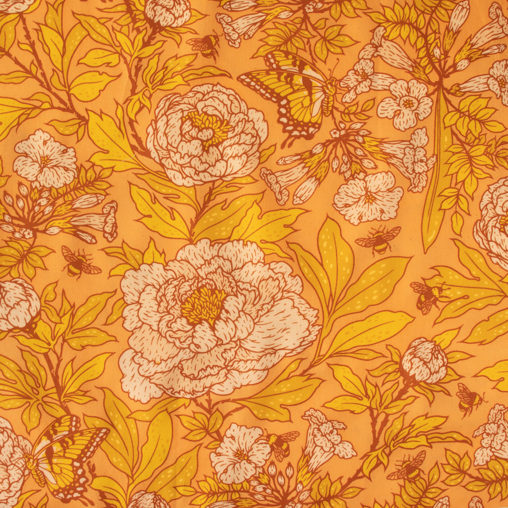 Peach peonies with gold leaves, trumpet vines, butterflies, and bees on a warm orange gold background