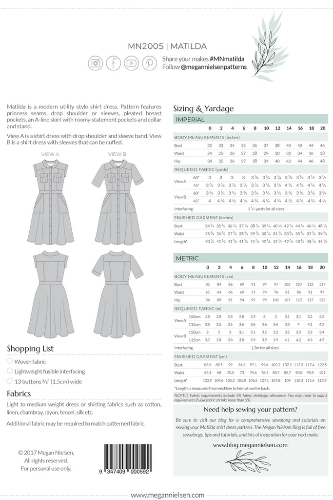 Megan Nielsen - Matilda Dress - Size 0-20