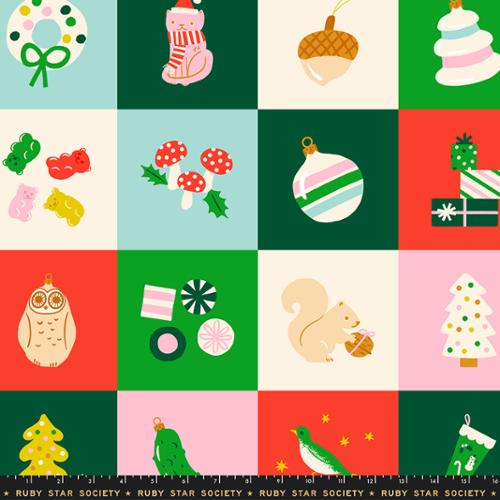 Patterned fabric panel with Christmas-themed illustrations in a grid layout.